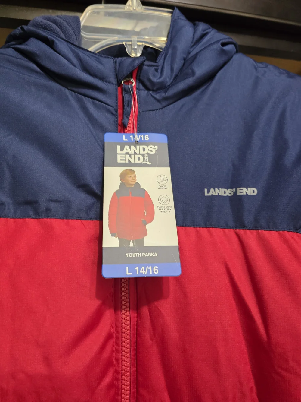 Lands' End Kids' Red & Navy Puffer Jacket with Hood Youth 14/16